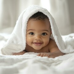 Canvas Print - A happy baby wrapped in a towel. AI.