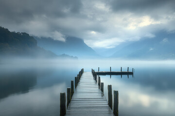 Wall Mural - Tranquil misty lake view with wooden pier extending into calm waters surrounded by fog-covered mountains and a serene, overcast sky.