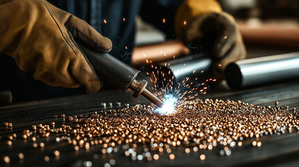Poster - Close up of welder using welding torch on steel, creating sparks and molten metal. scene captures intensity and precision of welding work