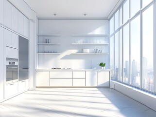 Wall Mural - White kitchen interior with a panoramic window.