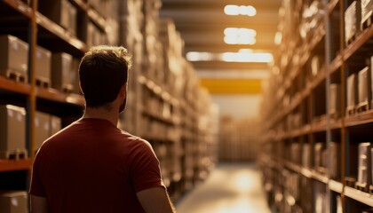 Poster - A man stands in an expansive warehouse aisle filled with boxes, bathed in warm, ambient light, contemplating the organized rows.