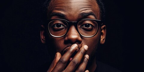 A young African American man wearing glasses is covering his mouth with his hand, suggesting he is hiding a secret. This reflects themes of secrecy and gossip, focusing on concealment.