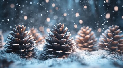 Wall Mural - festive winter background with pine cones and snowflakes, creating an enchanting atmosphere for chri