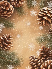 Wall Mural - festive winter background with pine cones and snowflakes, creating an enchanting atmosphere for chri