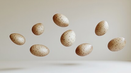 Wall Mural - nine speckled eggs floating in mid-air against a light beige background.