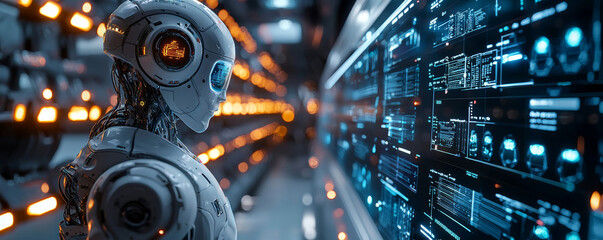 Wall Mural - conceptual illustration of ai powered robots interacting with advanced technology, showcasing futuri