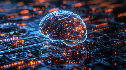 Wall Mural - abstract illustration of brain connected to digital circuits, glowing with vibrant lights, symbolizi