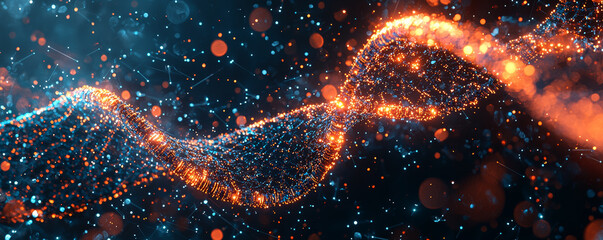 Wall Mural - vibrant illustration of abstract technology, showcasing glowing particles and waves in blue and oran