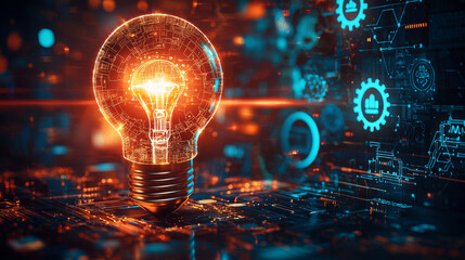 Wall Mural - glowing light bulb symbolizes ai driven innovation, surrounded by digital circuits and gears, repres