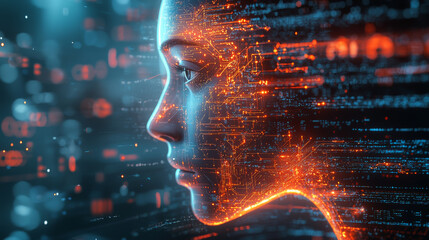 Wall Mural - conceptual illustration of ai and human integration, showcasing digital face with glowing circuitry 