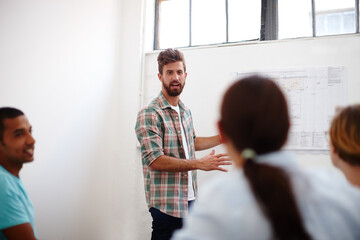 Poster - Engineering, board or people in presentation for floor plan, teamwork or startup project management. Meeting, teaching or designers talking for architecture ideas, business and development strategy