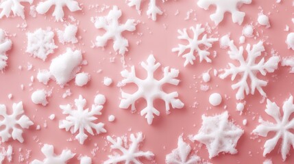 Wall Mural - snow-covered pink background with gentle white snowflakes, creating a sweet christmas winter design.