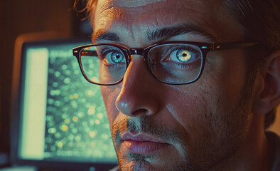 man wearing glasses is looking at a computer screen