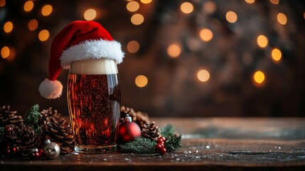 Wall Mural - A stylish glass beer with a classic Santa Claus hat placed on top. 