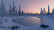 © Mohan - A frozen lake surrounded by snow-covered pine trees, with a pink and purple sky in the background.