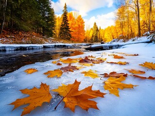 Wall Mural - A stream running through a forest filled with snow covered trees