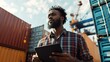 © Prapan - a handsome Black engineer using a tablet to track container logistics in a shipping yard.