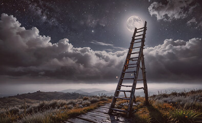 Wall Mural - wooden ladder is on a grassy hill