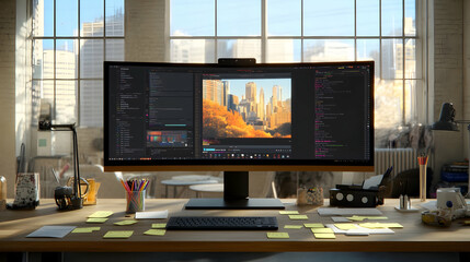 Modern workspace with a large monitor displaying code and a city skyline in the background.