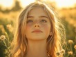 © VISUAL BACKGROUND - A young girl with long blonde hair and blue eyes in a field of flowers