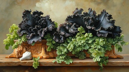 Wall Mural - still life painting of a terracotta planter with two black cabbage plants and a single garlic bulb.