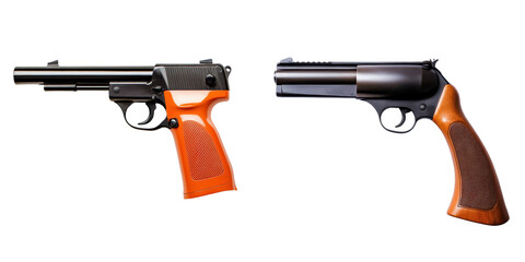 Dual Handguns in Vivid Orange and Black Tones Poised for Action Representing Power Force and the Potential for Conflict or Self Defense