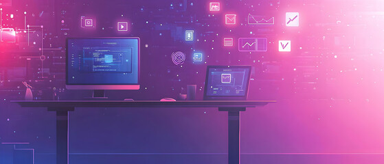 Desktop and Laptop Computer on a desk with glowing application icons.