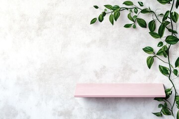 Wall Mural - Minimalist Interior with Pink Shelf and Green Vine on Textured Wall