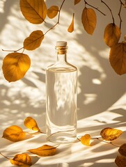 Wall Mural - Transparent Glass Bottle with Autumn Leaves Decor in Soft Lighting