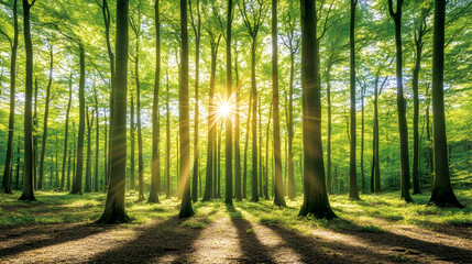 Wall Mural - Sunlight streams through the trees in a lush green forest.