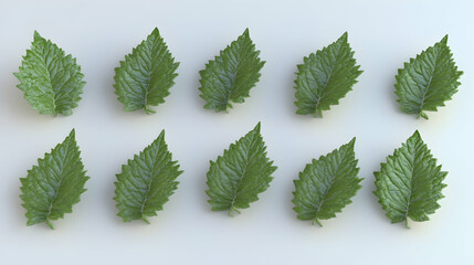 Poster - Ten green leaves arranged in two rows of five on a white background.