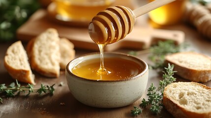 A wooden honey dipper drizzling honey into a white bowl with bread slices and herbs in the background.