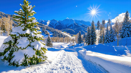 scenic mountain view with snow covered trees and bright sun shining in clear blue sky, creating serene winter landscape