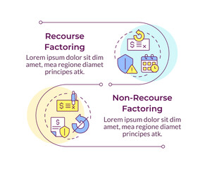 Recourse VS non-recourse factoring infographic vertical sequence. Types of financial agreement. Visualization infochart with 2 steps.Circles workflow. Montserrat SemiBold, Lato Regular fonts used