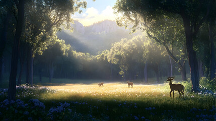 Poster - Three deer stand in a lush, sun-drenched meadow, surrounded by tall trees and mountains in the distance.