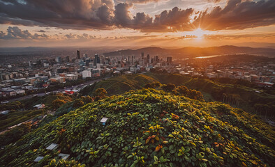 Fototapete - City with a hill and a green field