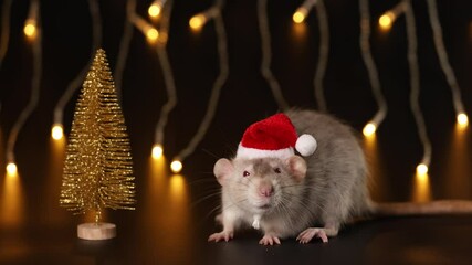 Wall Mural - Rat in red Santa hat isolated on black background. Mouse and New Year tree. Pet and festive garland. Yellow blurred bokeh of burning bulbs. Holiday concept Christmas