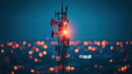 Wall Mural - telecommunications tower illuminated at night, surrounded by city lights. structure features antennas and dishes, showcasing modern technology