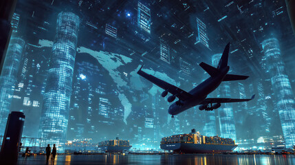 Airplane on the sky transport flight to airport with hologram world map on the background.