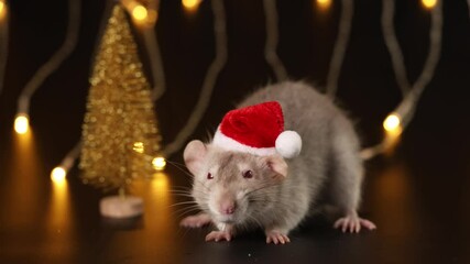 Wall Mural - Rat in red Santa hat isolated on black background. Mouse and New Year tree. Pet and festive garland. Yellow blurred bokeh of burning bulbs. Holiday concept Christmas