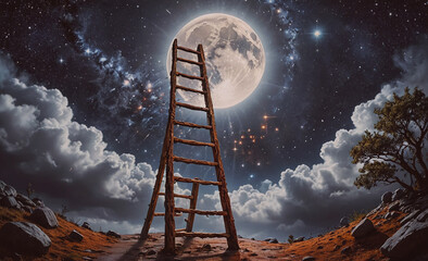 Wall Mural - ladder is on a hillside next to a large moon