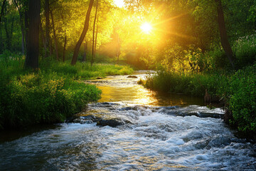 Wall Mural - Sunlight filters through the trees, casting a warm glow on the tranquil river surrounded by lush greenery, creating a serene and natural landscape scene.