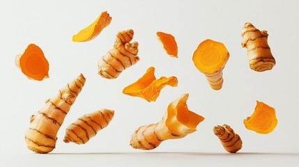 Wall Mural - turmeric roots and slices in mid-air, floating on a white background.