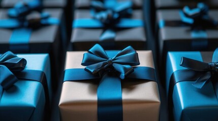 Wall Mural - Neatly lined row of blue and black gift boxes with bows Minimalist and modern arrangement of festive packages