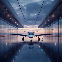 Sticker - Electric Aircraft in Modern Hangar: A futuristic aircraft at an electric charging station inside a sleek hangar during dusk, showcasing the shift toward sustainable aviation technology.  -