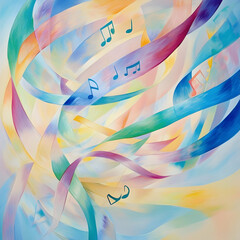 Sticker - Flowing Musical Notes and Ribbons: Colorful musical notes dance along flowing ribbons of pastel colors, creating a harmonious and playful scene full of life and motion.  -