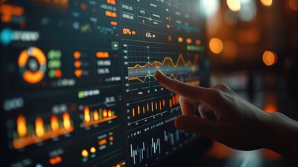 Fototapete - Hand pointing at a digital screen with data graphs and bar charts on it, close-up of a finger touching the display showing a financial dashboard in an office.