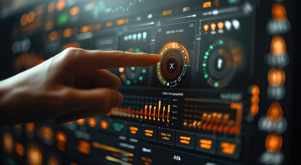 Fototapete - Hand pointing at a digital screen with data graphs and bar charts on it, close-up of a finger touching the display showing a financial dashboard in an office.