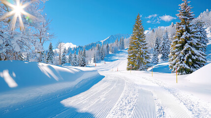 Wall Mural - winter sports scene featuring pristine ski slope under bright blue sky, surrounded by snow covered trees and fresh powder. sun shines brightly, creating serene atmosphere