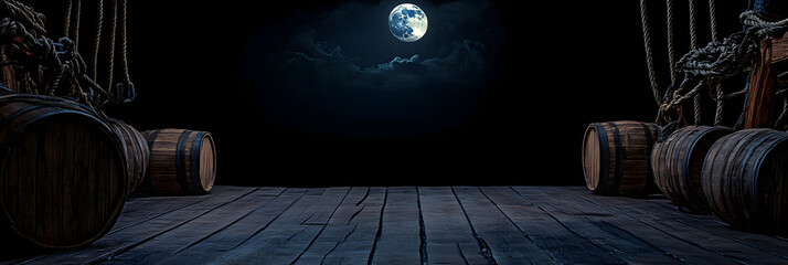 Wall Mural - quiet pirate ship deck under moonlight before storm black background